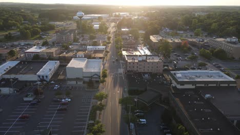 Golden-hour-sunlight-over-Clare,-small-town-in-Michigan,-USA