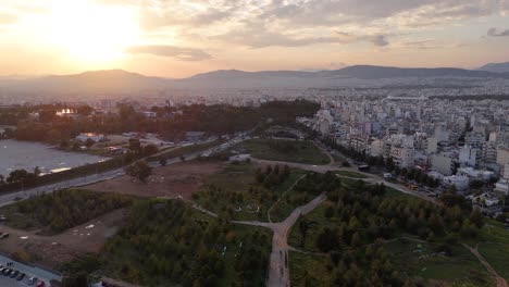 4K-60fps-|-Veikou-park-in-Galatsi,-Athens-during-sunset
