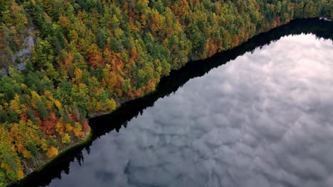 La-Luz-Del-Sol-Se-Refleja-En-Las-Tranquilas-Aguas-Del-Lago,-Proyectando-Largas-Sombras-Desde-Los-Exuberantes-árboles-Verdes-Que-Bordean-La-Orilla.