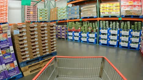 POV---Langsam-Schiebt-Man-Einen-Einkaufswagen-An-Paketen-Mit-Verschiedenen-Frischen-Produkten-In-Einem-Kühlraum-Im-örtlichen-Costco-Vorbei