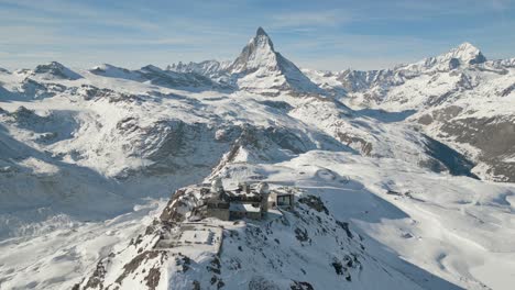 Matterhorn-and-Gornergrat-Train-Station-4K-Aerial-Shot---Zermatt---Switzerland