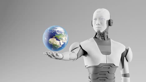 humanoid-cyborg-robot-holding-globe-planet-earth-rotating-over-his-palm-hand,-Artificial-intelligence-taking-over-concept,-animation-3d-rendering