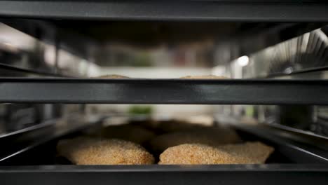 Freshly-baked-bread-loaves-on-shelves-in-an-oven,-focus-on-the-golden-crust,-bakery-concept