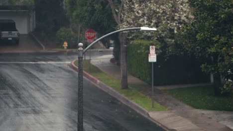 Rainy-Day-in-Residential-Neighborhood,-Empty-Wet-Streets-and-Sidewalks