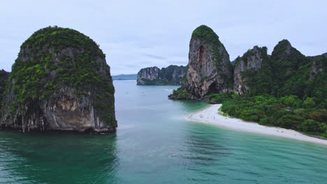 Scenic-Views-Over-Phra-Nang-Beach-in-Railay,-Thailand-from-an-Aerial-Drone
