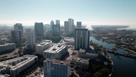 Aerial-view-of-sunrise-over-downtown-Tampa-area