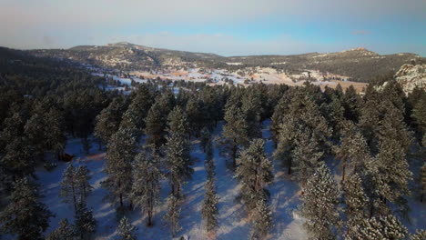 Evergreen-Colorado-aerial-drone-Denver-open-space-winter-sunny-sunset-fresh-snow-golden-hour-Rocky-Mountain-front-range-pine-trees-peaceful-view-forward-upward-motion
