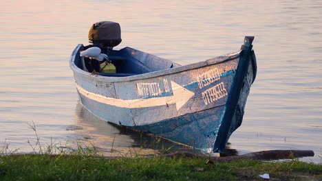 White-stork-walks-on-the-edge-of-a-blue-wooden-fishing-boat-by-the-shore-of-Lake-Victoria