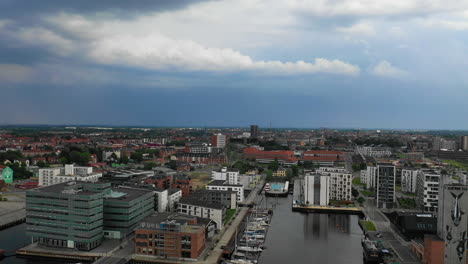 Aerial-video-of-the-city-of-Odense,-Denmark