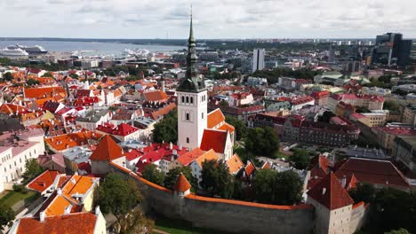 church-in-the-old-town-of-Tallinn,-Estonia,-city,-drone