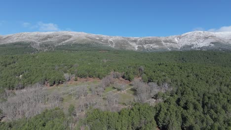 Vuelo-De-Descenso-En-La-Ladera-De-Una-Montaña-Nevada-En-Un-Bosque-De-Pinos-Con-Algunas-Granjas-Con-Robles-Sin-Hojas-En-Prados-Verdes-En-Una-Mañana-De-Invierno-Con-Un-Cielo-Azul-Y-Nubes-Claras-En-Ávila,-España