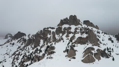 Neblige-Schneebedeckte-Ciucas-Berge-Mit-Felsigen-Gipfeln-Und-Immergrünen-Pflanzen