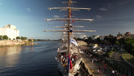 Aerial-Rising-View-over-ARA-Libertad-Frigate-School-Vessel,-Argentine-Navy,-Santo-Domingo