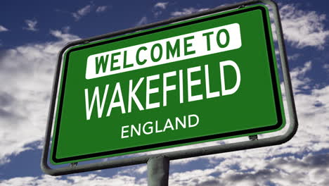 Welcome-to-Wakefield,-England,-UK-City-Road-Sign,-Realistic-3D-Animation
