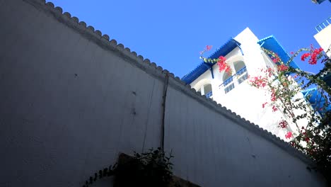 Low-angle-view-of-Sidi-Bou-Said-street-with-vibrant-blue-and-white-architecture,-clear-sky,-sunny-day