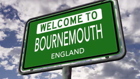 Bienvenido-A-Bournemouth,-Inglaterra,-Señal-De-Tráfico-De-La-Ciudad-Del-Reino-Unido,-Animación-Realista-En-3D