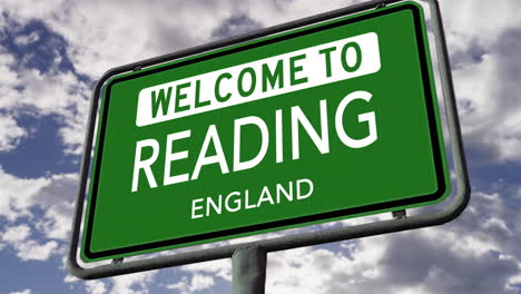 Bienvenido-A-La-Lectura,-Inglaterra,-Señal-De-Tráfico-De-La-Ciudad-Del-Reino-Unido,-Animación-3D-Realista