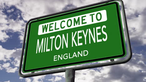 Welcome-to-Milton-Keynes,-England,-UK-City-Road-Sign,-Realistic-3D-Animation