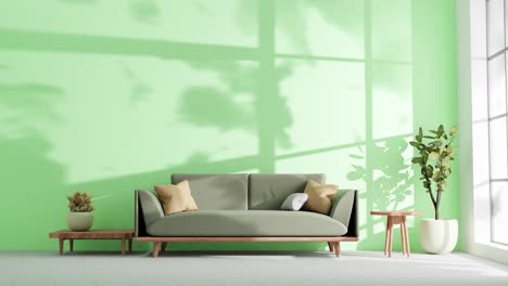 Modern-apartment-living-room-with-couch-and-shadows-clouds-on-the-green-wall-by-gently-summer-wind-breeze-rendering-animation-Architecture-interior-design-concept