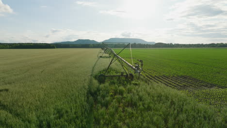 Sistema-De-Riego-Regando-Cultivos-En-El-Soleado-Dardanelle,-Ar,-Amplia-Vista-De-Tierras-De-Cultivo