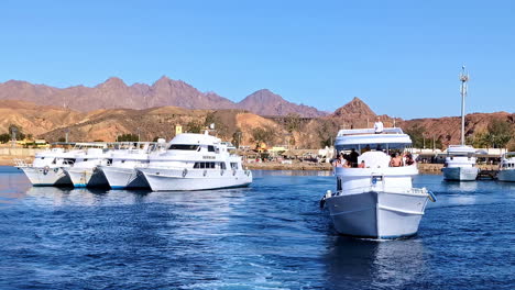 Luxuriöse-Weiße-Privatboote-Fahren-Vom-Hafen-In-Sharm-El-Sheikh,-Ägypten-Ab