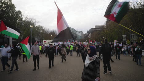 Eine-Zeitlupenaufnahme-Einer-Arabischen-Frau,-Die-Eine-Jemenitische-Flagge-Vor-Einer-Großen-Menschenmenge-Pro-palästinensischer-Demonstranten-Schwenkt,-Die-Auf-Den-Straßen-Marschieren