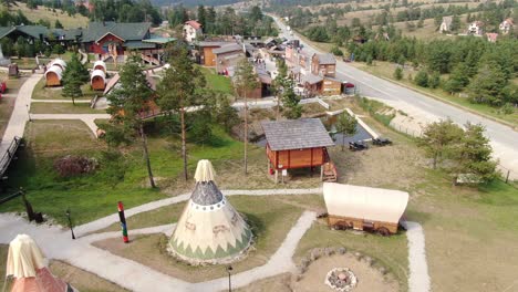 Aerial-View-of-El-Paso,-Cowboy-and-Indians-Village-and-Town-Replica-at-Zlatibor-Mountain,-Serbia