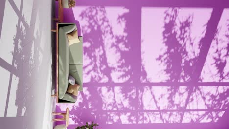 Vertikale-Ansicht-Eines-Modernen-Wohnzimmers-Einer-Wohnung,-Schatten-Einer-Pflanze,-Die-Sich-Durch-Eine-Sanfte-Sommerbrise-An-Einer-Rosa-Wand-Bewegt,-Rendering-Eines-Animationsarchitektur-Innendesignkonzepts