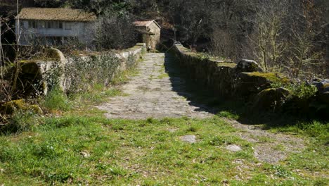 Pan-across-entrance-of-Navea-bridge-covered-with-grass-at-midday