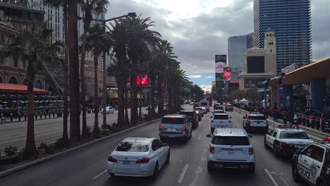 Traffic-Jam-on-Las-Vegas-Strip-During-Super-Bowl-Weekend,-Bus-Driver-POV,-Nevada-USA