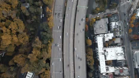 Top-down-dolly-shot-over-the-I5-freeway-in-Seattle-during-rush-hour