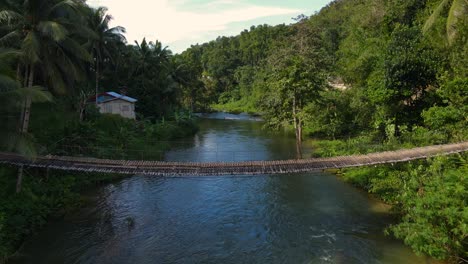 Lush-tropical-scenery-with-a-hanging-bridge-over-a-serene-river-in-Bohol,-sunny-day