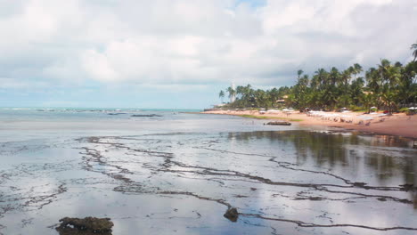 Vista-Aérea-De-La-Playa-Praia-Do-Forte,-El-Arrecife-De-Coral,-La-Zona-De-Palmeras-Y-Las-Nubes-Reflejándose-En-El-Océano,-Praia-Do-Forte,-Bahia,-Brasil