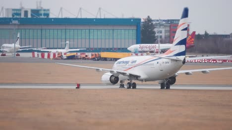 Passenger-airplanes-parked-on-the-runway-in-Vaclav-Havel-Airport-in-Prague