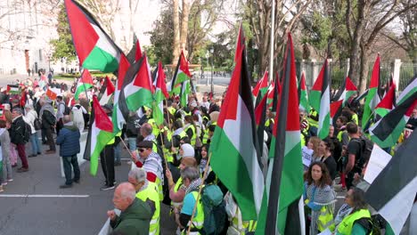 Los-Manifestantes-Sostienen-Banderas-Palestinas-Mientras-Se-Reúnen-En-Solidaridad-Con-Palestina.