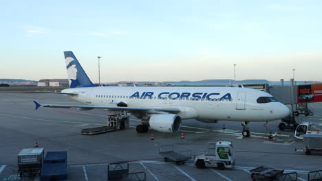 Air-Corsica-jet-at-gate-ready-for-boarding,-Marseille-Providence-Airport