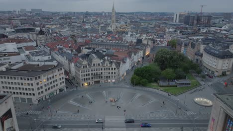 Aerial-Panoramic-Urban-Architectural-Streets-of-Mont-des-Arts-Brussels-Belgium-City-at-Dusk,-Drone-Establishing-Town,-European