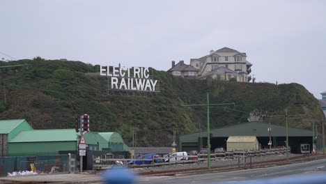 Manx-Electric-Railway-Depot-in-Douglas,-Isle-of-Man,-Train-Yard,-Wide-View