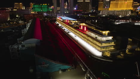 Aerial-view-away-from-the-illuminated-Pit-lane,-construction-of-the-Las-Vegas-F1-track