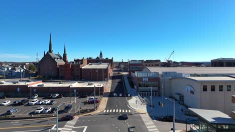 Aerial-footage-flying-toward-F-and-M-Bank-Arena-located-in-downtown-Clarksville-Tennessee