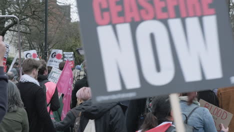 Palästina-Demonstranten-Mit-Plakaten,-Fahnen-Und-Bannern-Gehen-Von-Der-Kamera-Weg,-Londoner-Straße