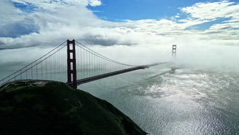 High-aerial-view-over-San-Francisco's-Golden-Gate-Bridge-covered-in-white-clouds