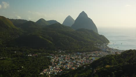 Soufriere-coastal-town-and-Pitons-in-Saint-Lucia,-Caribbean,-West-Indies