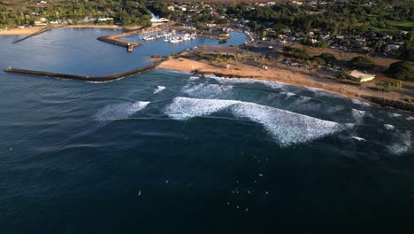 Aerial-View-Of-Boat-Harbor-At-Haleiwa-On-The-Island-Of-Oahu-In-Waialua-Bay,-Hawaii,-United-States