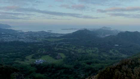 Aerial-flying-towards-Nuuanu-valley,-Kaneohe-in-background,-Hawaii,-USA