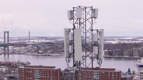 Aerial-shot-of-5G-mobile-phone-mast-in-Gothenburg-with-Älvsborgsbron-in-back