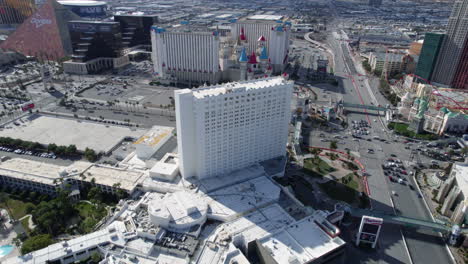 Las-Vegas-Strip-and-Tropicana-Hotel-Resort-Casino-Before-Demolition,-Drone-Shot