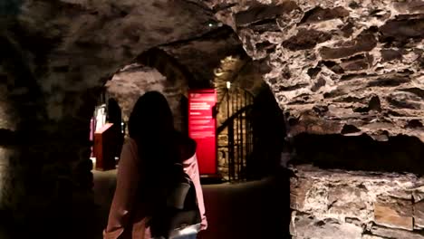 Back-view-of-tourist-woman-walking-along-Christ-Church-Crypt