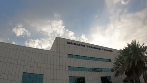 Timelapse-of-winter-clouds-passing-over-the-Emirates-Training-College-in-Dubai,-United-Arab-Emirates