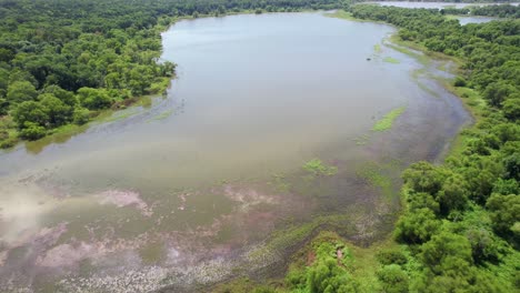 Aerial-footage-of-a-small-pond-outside-the-city-of-Lebanon-in-Oklahoma